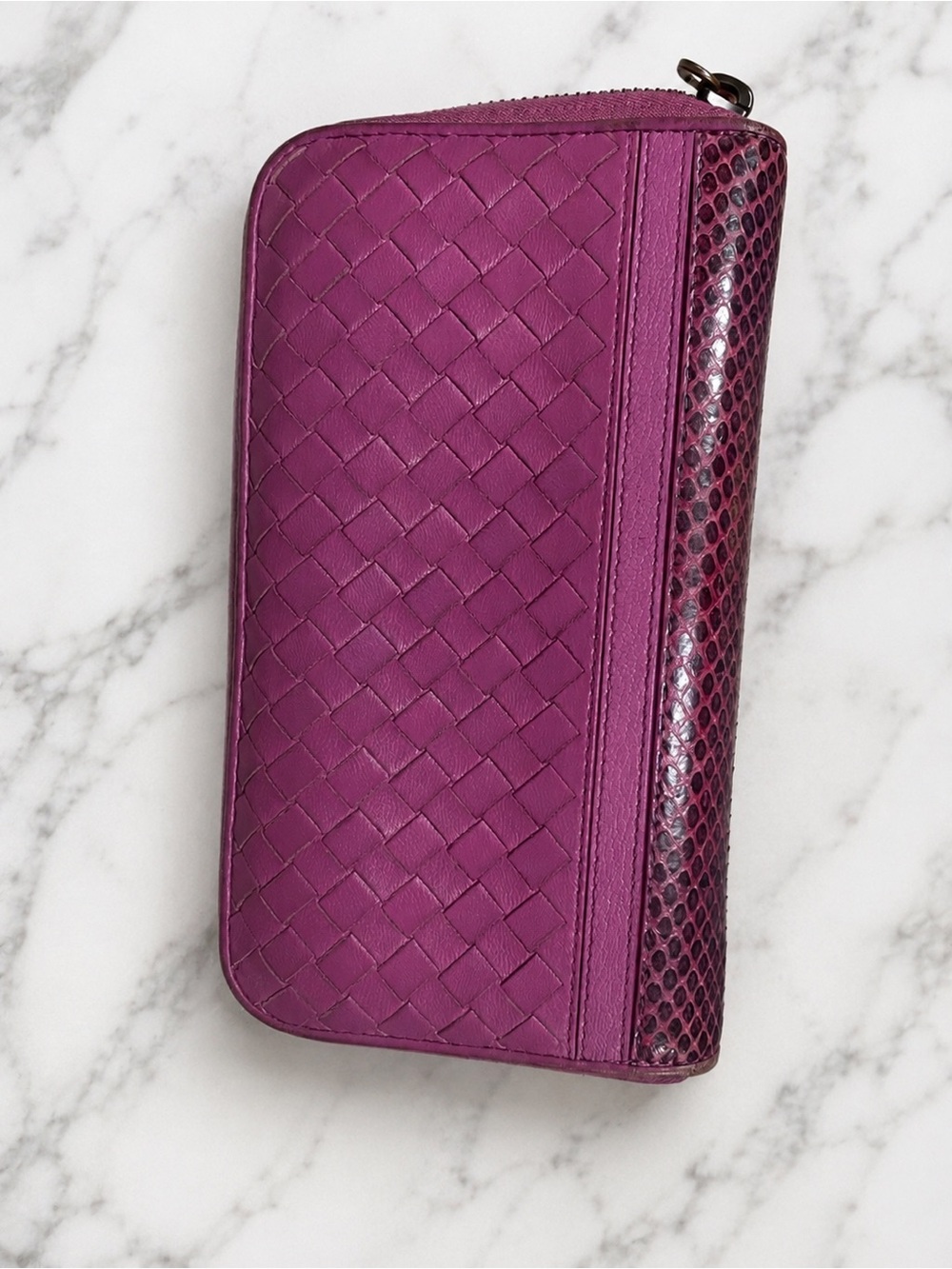 Hard to find Bottega Venetta  Leather Zip Wallet in Deep Plum with snake skin